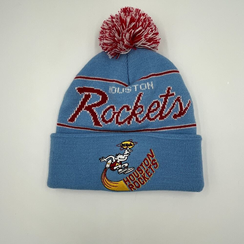 Houston Rockets Mitchell & Kness Baby Blue Red Knit Beanie Pom Pom Hat